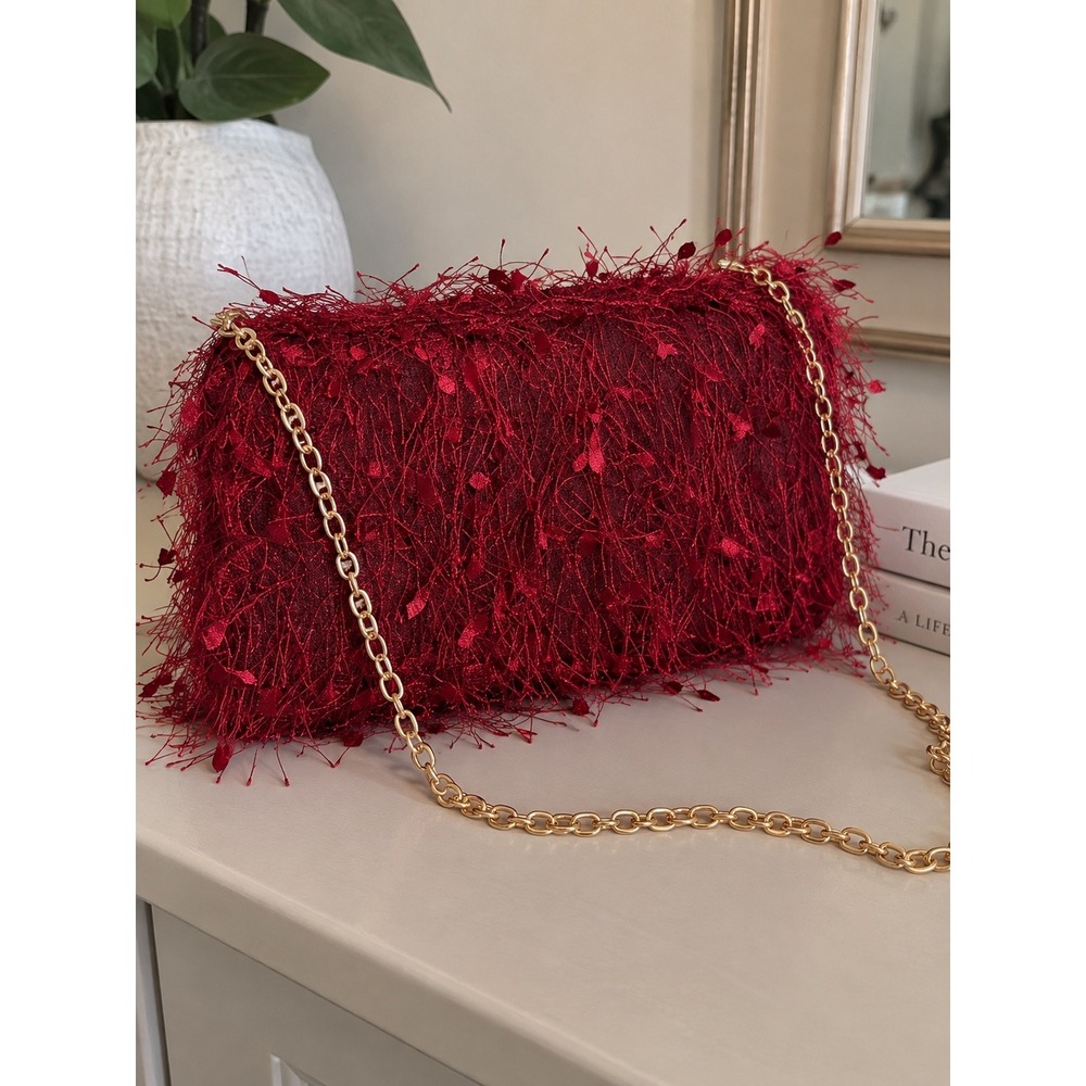 Red Shaggy Fringe Evening Clutch Bag Gold Chain Strap Textured Wedding Party